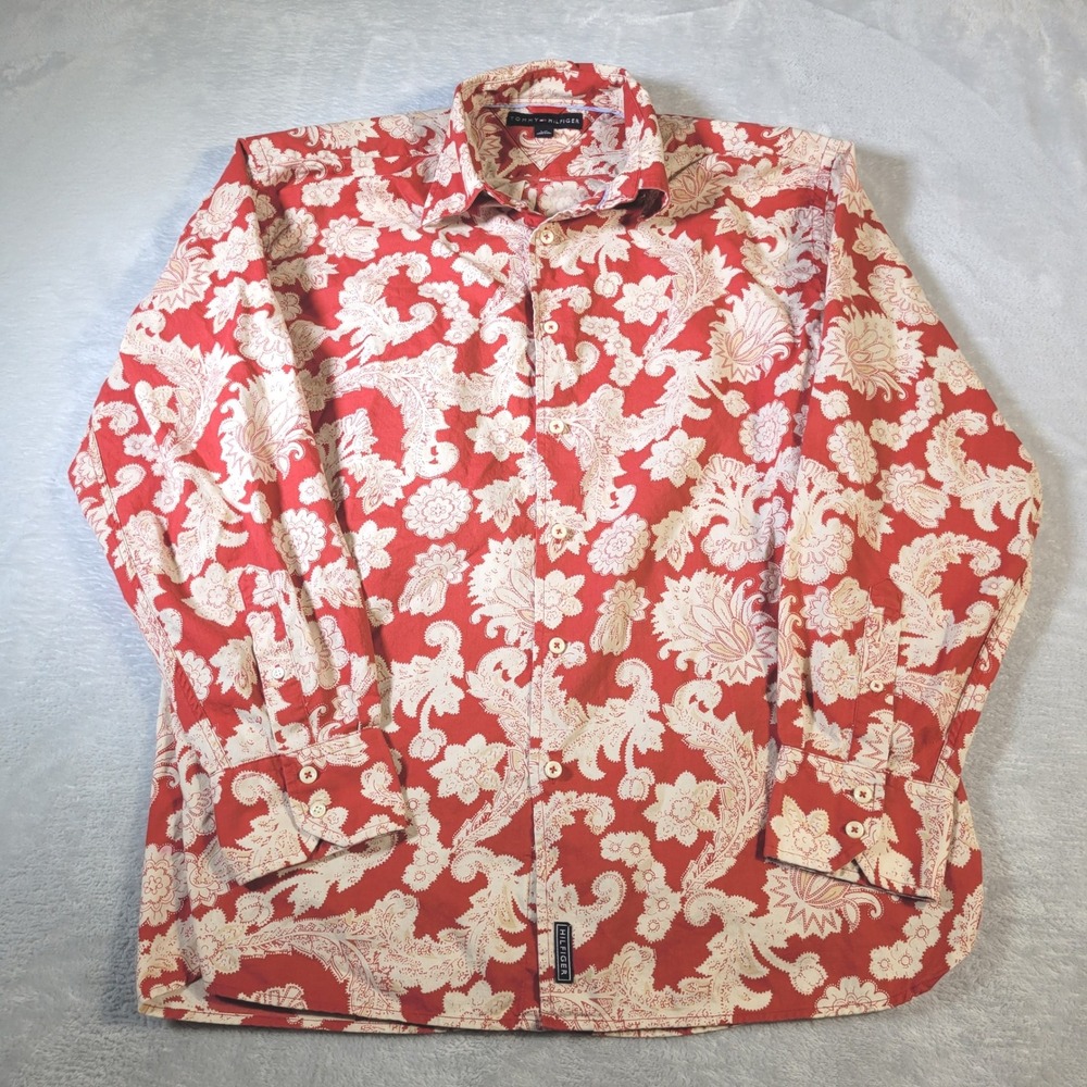 Vintage Tommy Hilfiger Shirt Mens L Red Paisley Floral Long Sleeve Button-Up